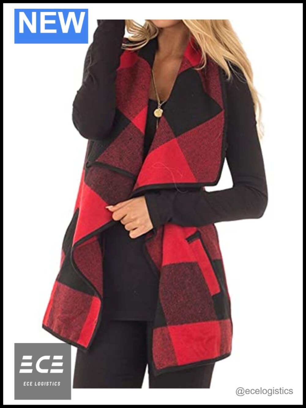 Sleeveless Plaid Vest Shirt Jacket with Pockets Cotton Blend
